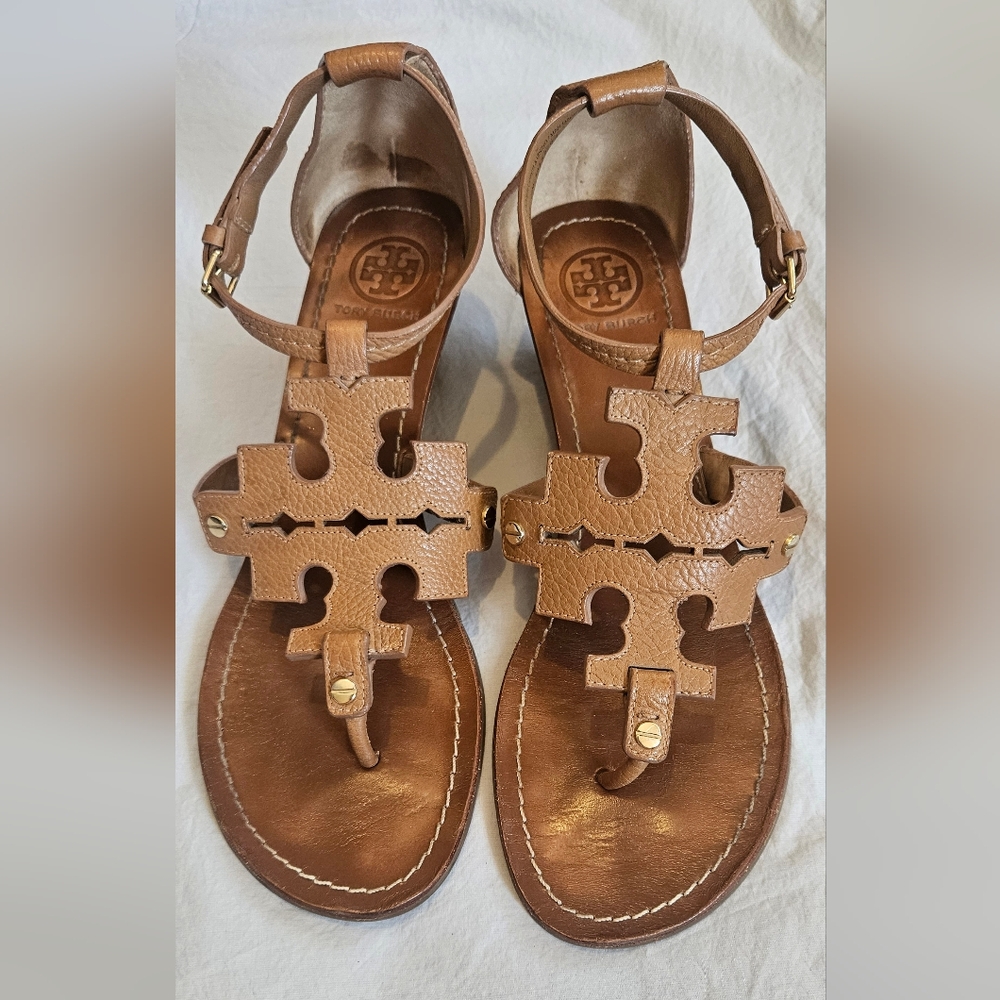 Tory Burch Leather Logo Classic Wedge Sandal Pebbled Ankle Strap 10M